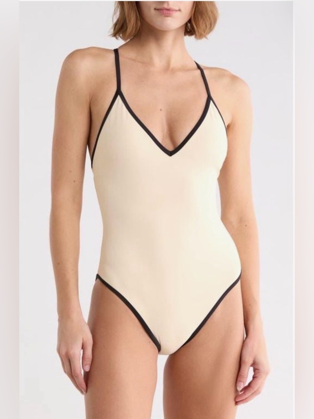 NWT Vince Contrast V-Neck One Piece Swimsuit Ecru Black XS  MSRP $198
